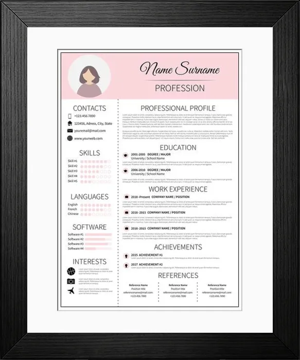 Framed Print : Resume template for women. Modern CV layout with infographic Framed Print : Resume template for women. Modern CV layout with infographic