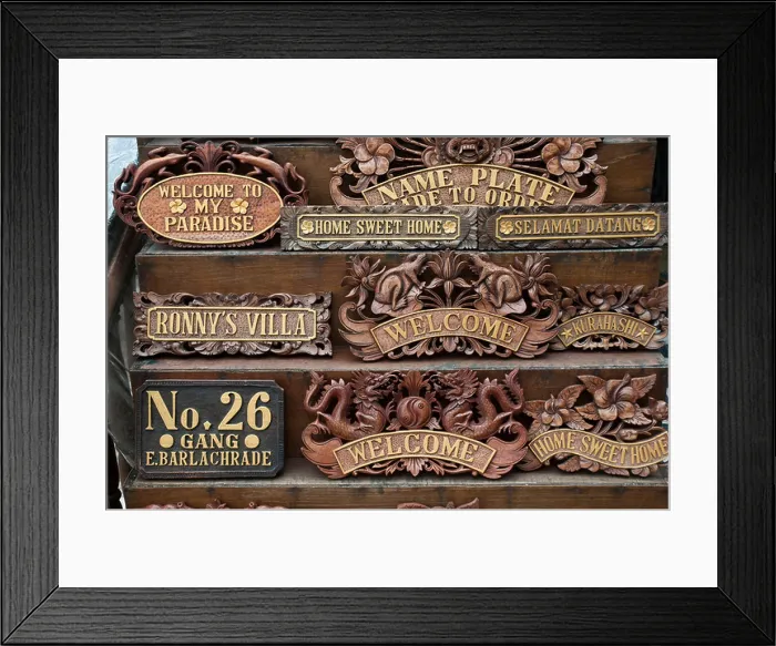 Framed Print : Elaborately carved wooden signs made to order in Bali Indonesia Framed Print : Elaborately carved wooden signs made to order in Bali Indonesia