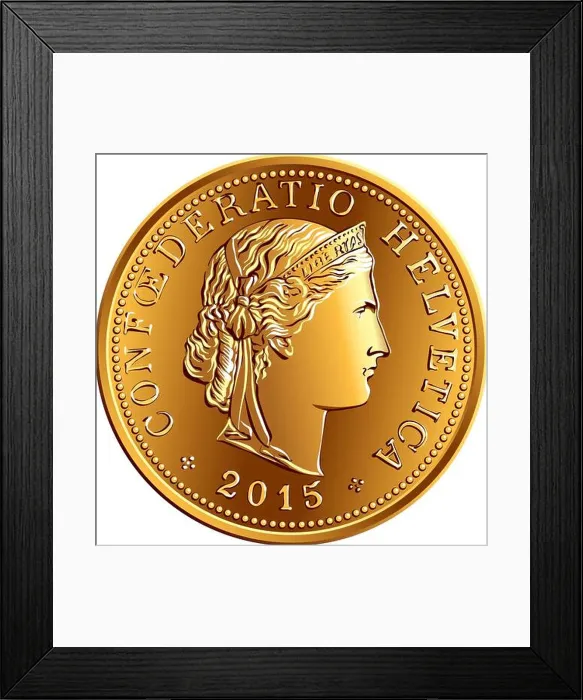 Framed Print : Obverse of 5 centimes gold coin Swiss franc with head of Liberty and legend CONFOEDERATIO HELVETICA Framed Print : Obverse of 5 centimes gold coin Swiss franc with head of Liberty and legend CONFOEDERATIO HELVETICA
