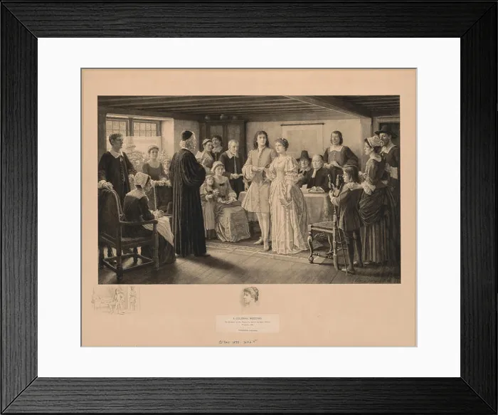 Framed Print : A colonial wedding, the marriage of Dr. Francis Le Baron and Mary Wilder, Plymouth, 1695 / Frederick Dielman R.A Framed Print : A colonial wedding, the marriage of Dr. Francis Le Baron and Mary Wilder, Plymouth, 1695 / Frederick Dielman R.A