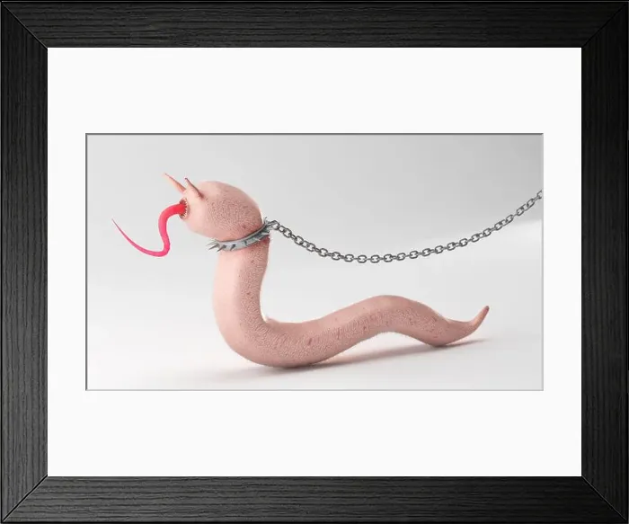 Framed Print : Worm like scary creature design on chain leash, 3d illustration animal character concept Framed Print : Worm like scary creature design on chain leash, 3d illustration animal character concept