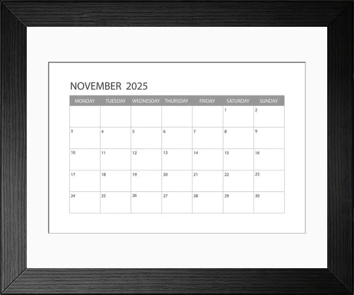 Framed Print : Calendar for November 2025. The week starts on Monday
