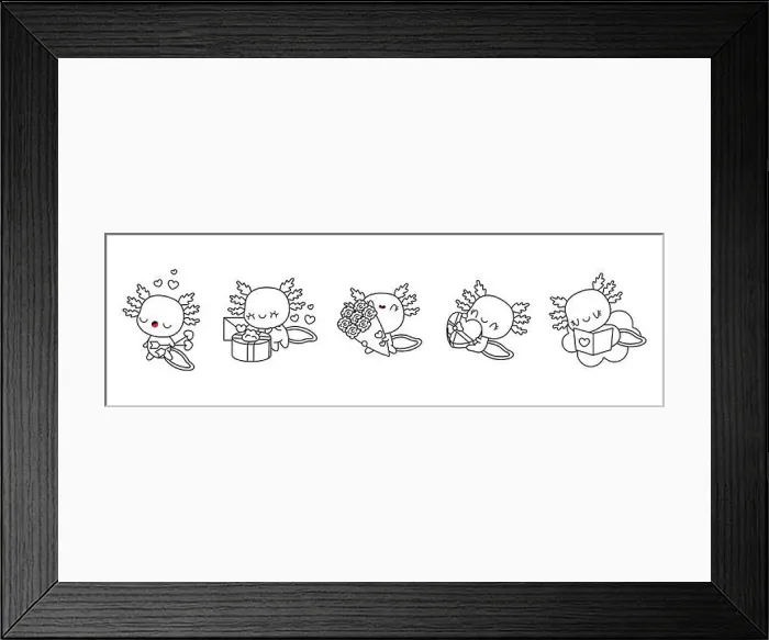Framed Print : Set of Kawaii Axolotl Coloring Page. Collection of Cute Vector Salamander Outline Illustrations