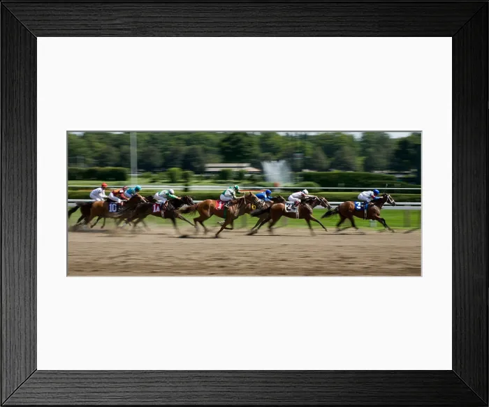 Framed Print : Horses sprinting down backstretch to the finish line panorama Saratoga Springs New York Framed Print : Horses sprinting down backstretch to the finish line panorama Saratoga Springs New York
