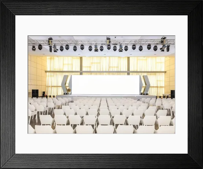 Framed Print : Big empty modern seminar, conference hall with projector screen Framed Print : Big empty modern seminar, conference hall with projector screen