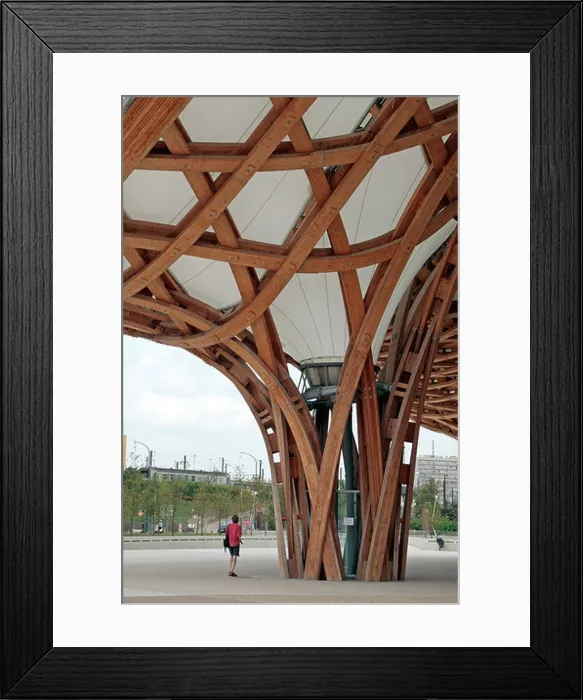 Framed Print : Detail showing the laminated timber column and roof design of the Centre Pompidou Metz, Lorraine, France Framed Print : Detail showing the laminated timber column and roof design of the Centre Pompidou Metz, Lorraine, France