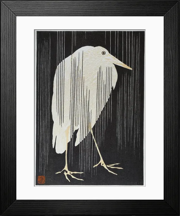 Framed Print : Modern printing of Stork in Rain Japanese ukiyoe woodblock print Framed Print : Modern printing of Stork in Rain Japanese ukiyoe woodblock print