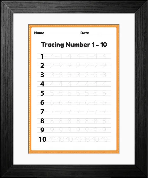 Framed Print : Tracing number 1-10 worksheet for kindergarten Framed Print : Tracing number 1-10 worksheet for kindergarten