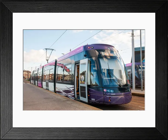 Framed Print : Blackpool tram 009 having arrived at Starr Gate terminus from Fleetwood waiting to switch tracks to make return journey Framed Print : Blackpool tram 009 having arrived at Starr Gate terminus from Fleetwood waiting to switch tracks to make return journey