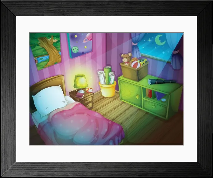 Framed Print : Illustration of a bedroom at night Framed Print : Illustration of a bedroom at night