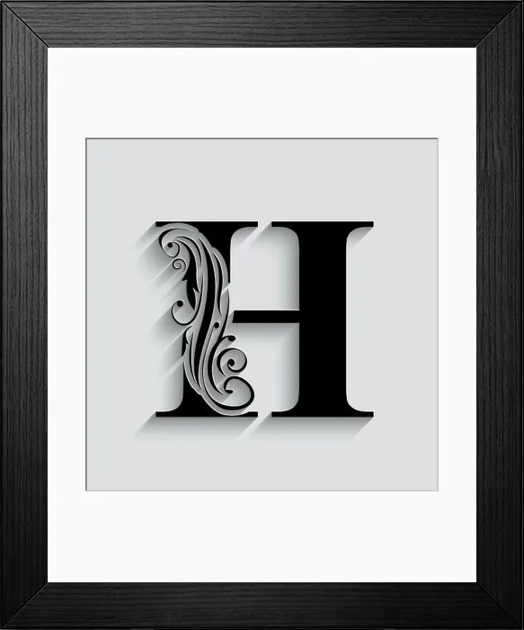 Framed Print : letter H. Black flower alphabet. Beautiful capital letter with shadow Framed Print : letter H. Black flower alphabet. Beautiful capital letter with shadow