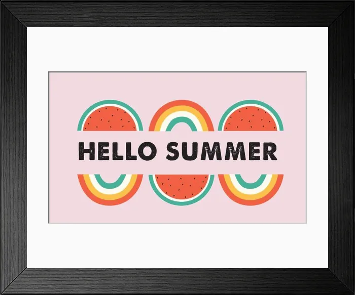 Framed Print : Hello summer, banner design with watermelon and rainbows. Vector illustration Framed Print : Hello summer, banner design with watermelon and rainbows. Vector illustration