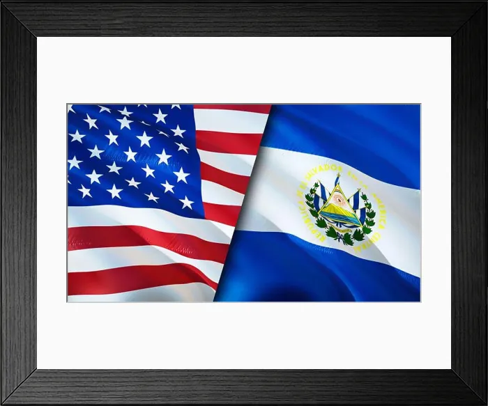 Framed Print : USA and El Salvador flags. 3D Waving flag design Framed Print : USA and El Salvador flags. 3D Waving flag design