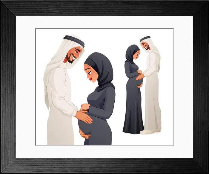 Framed Print : Happy pregnant Arab couple expecting baby. Vector illustration