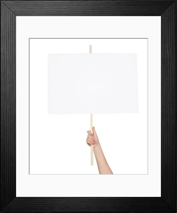 Framed Print : Woman holding blank protest sign on white background, closeup Framed Print : Woman holding blank protest sign on white background, closeup