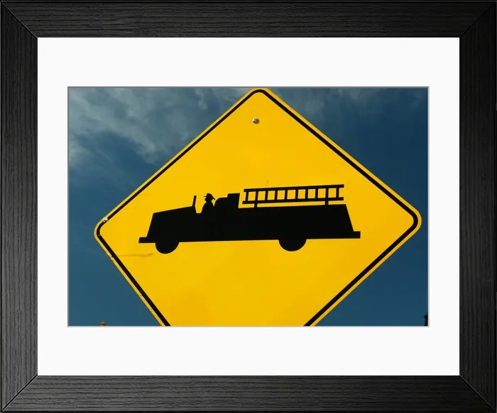 Framed Print : AJD53521, MD, Maryland, Emergency Vehicles Entering Highway sign, fire station ahead, warning sign Framed Print : AJD53521, MD, Maryland, Emergency Vehicles Entering Highway sign, fire station ahead, warning sign