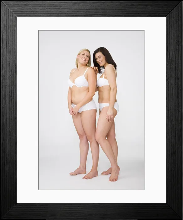 Framed Print : Women friends underwear stands series people 30-40 years bra underpants panties full-length smiling cheerfully happy Framed Print : Women friends underwear stands series people 30-40 years bra underpants panties full-length smiling cheerfully happy
