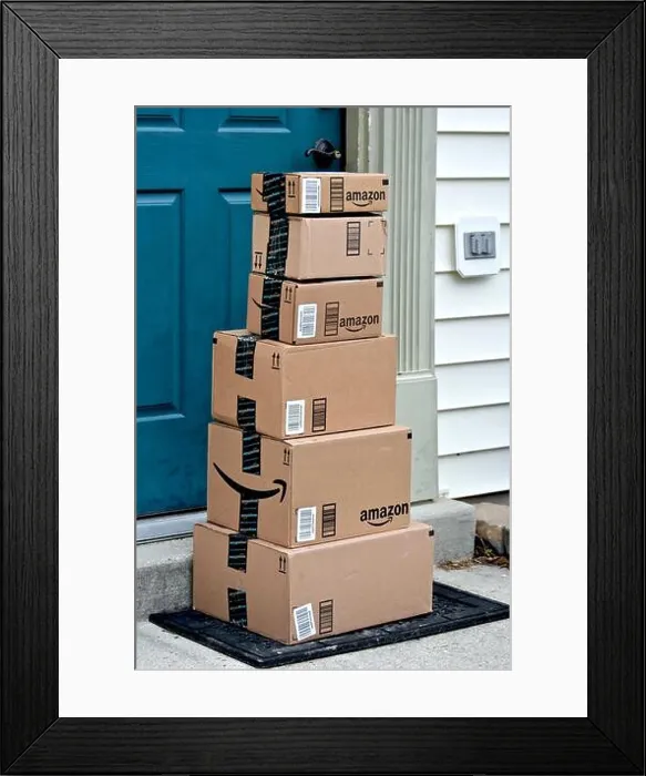 Framed Print : Amazon boxes delivered to a home Framed Print : Amazon boxes delivered to a home