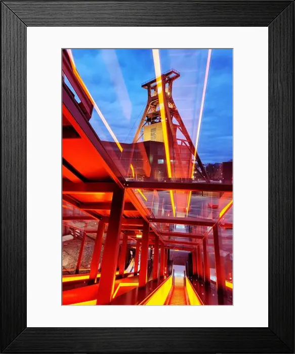Framed Print : Illuminated gangway with the headframe of Zollverein Coal Mine Industrial Complex Shaft XII Framed Print : Illuminated gangway with the headframe of Zollverein Coal Mine Industrial Complex Shaft XII