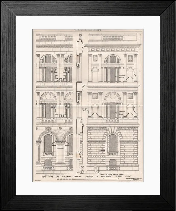 Framed Print : Home & Colonial Offices, Parliament Street front; Sir Geo. Gilbert Scott, 1874 Framed Print : Home & Colonial Offices, Parliament Street front; Sir Geo. Gilbert Scott, 1874