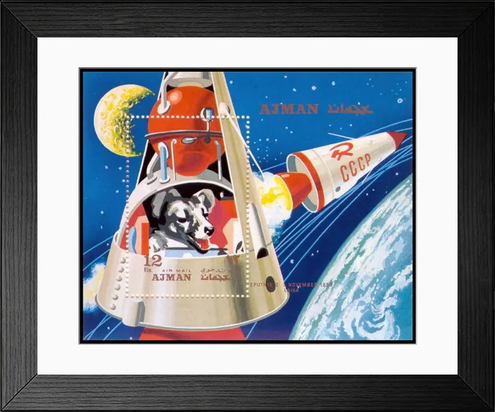 Framed Print : Laika stamp, issued by United Arab Emirates in 1971 Framed Print : Laika stamp, issued by United Arab Emirates in 1971