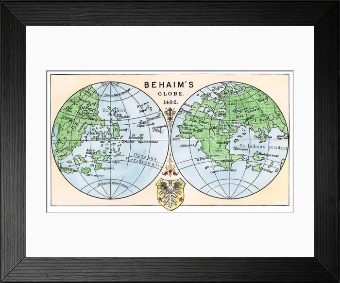 Framed Print : Diagram of globe by Martin Behaim, without the New World, created in 1492. Hand-colored woodcut Framed Print : Diagram of globe by Martin Behaim, without the New World, created in 1492. Hand-colored woodcut