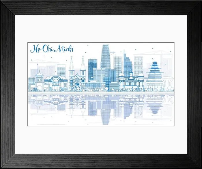 Framed Print : Outline Ho Chi Minh Skyline with Blue Buildings and Reflections Framed Print : Outline Ho Chi Minh Skyline with Blue Buildings and Reflections
