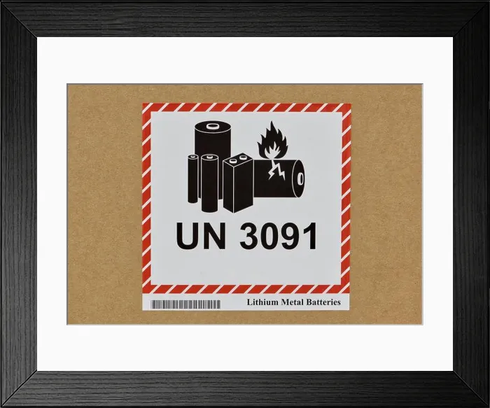 Framed Print : UN 3091 Lithium metal battery warning Sticker closeup safety instructions Framed Print : UN 3091 Lithium metal battery warning Sticker closeup safety instructions