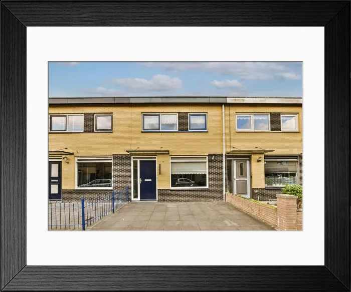 Framed Print : the outside of a two - story apartment building with blue gated entryway and white clouds in the sky Framed Print : the outside of a two - story apartment building with blue gated entryway and white clouds in the sky
