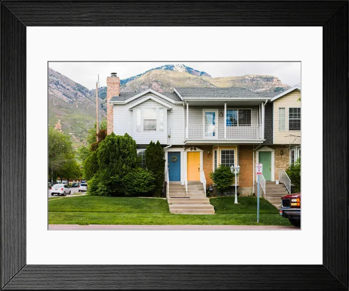 Framed Print : Strip of townhouses with colorful doors, two story student housing Framed Print : Strip of townhouses with colorful doors, two story student housing