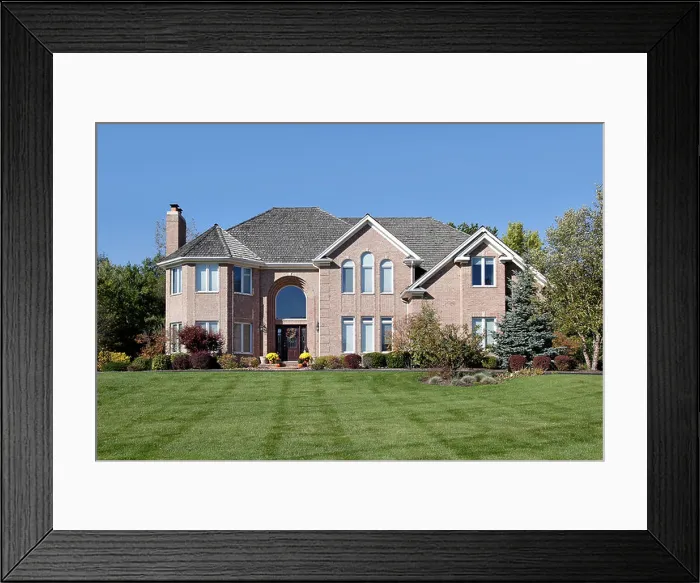 Framed Print : Large brick home in suburbs with arched entry Framed Print : Large brick home in suburbs with arched entry
