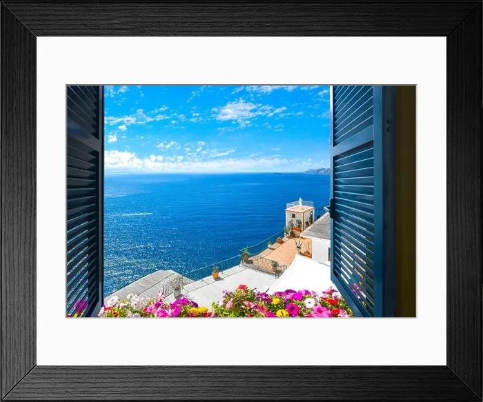 Framed Print : Scenic open window view of the Mediterranean Sea from a room along the Amalfi Coast near Sorrento, Italy Framed Print : Scenic open window view of the Mediterranean Sea from a room along the Amalfi Coast near Sorrento, Italy