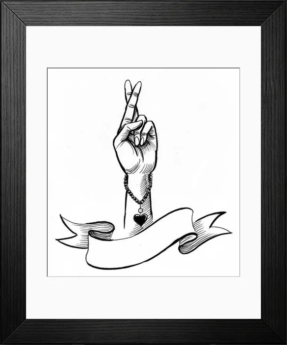 Framed Print : Women hand with fingers crossed and blank banner. Ink black and white drawing Framed Print : Women hand with fingers crossed and blank banner. Ink black and white drawing