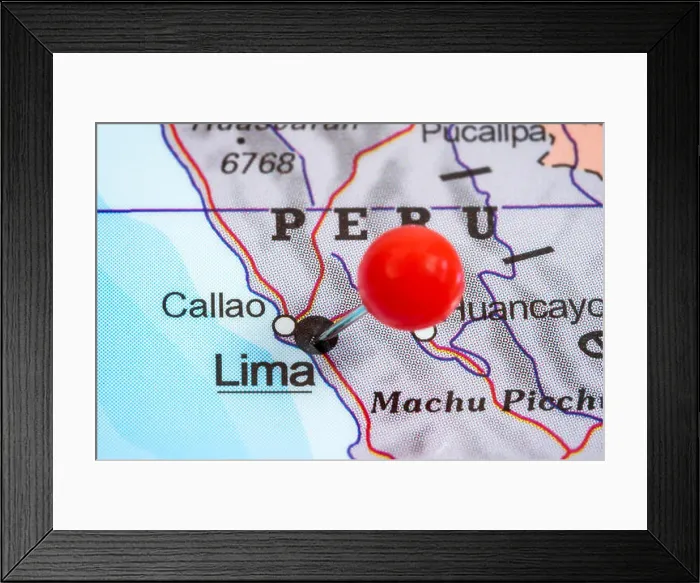 Framed Print : Close-up of a red pushpin in a map of Lima, Peru Framed Print : Close-up of a red pushpin in a map of Lima, Peru