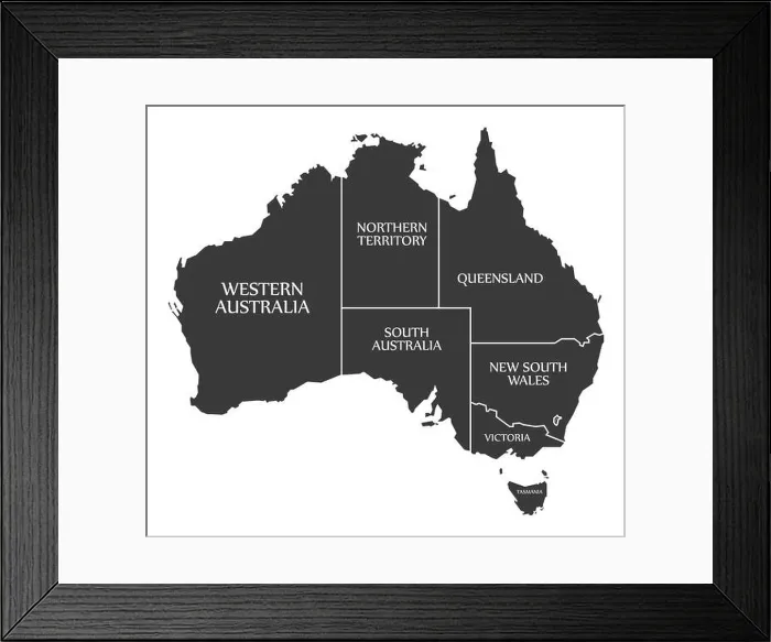 Framed Print : Australia Map with states and labels black Framed Print : Australia Map with states and labels black
