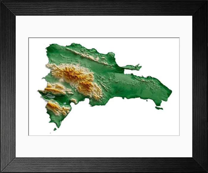 Framed Print : Dominican Republic. Detailed 3D rendering of a shaded relief map with rivers and lakes Framed Print : Dominican Republic. Detailed 3D rendering of a shaded relief map with rivers and lakes