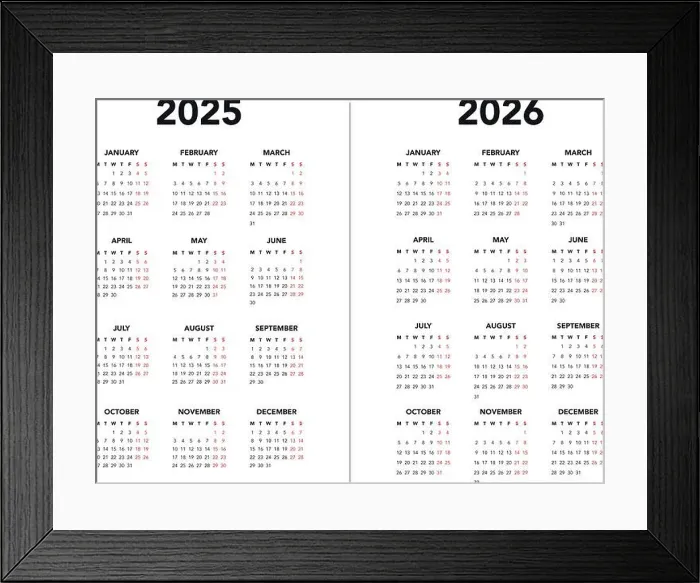 Framed Print : Calendar 2025 and 2026 vector templates start Monday simple design Framed Print : Calendar 2025 and 2026 vector templates start Monday simple design