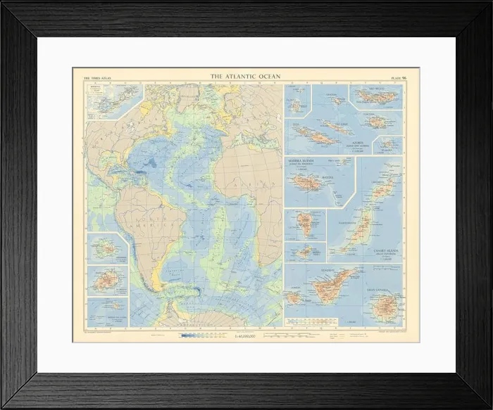 Framed Print : Atlantic Ocean islands. Canary Azores Madeira Bermuda Ascension. TIMES 1956 map