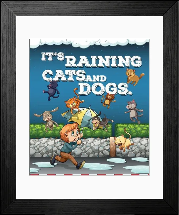 Framed Print : Idiom poster with raining cats and dogs illustration Framed Print : Idiom poster with raining cats and dogs illustration