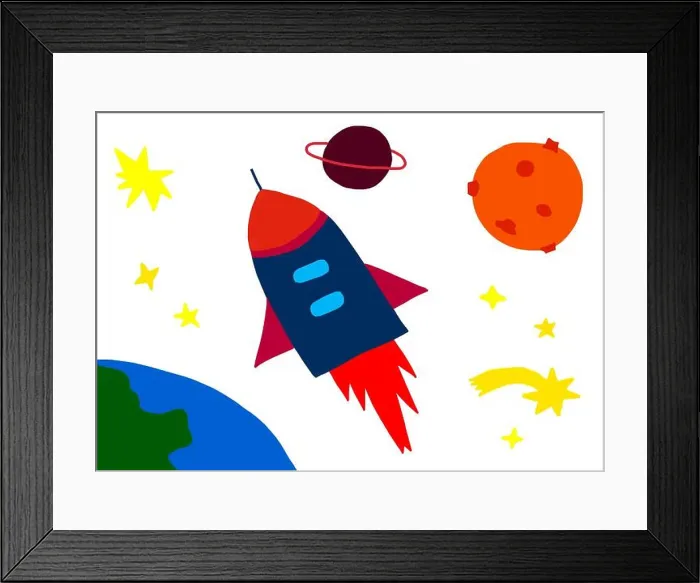 Framed Print : Naive illustration, children drawing, rocket flying in space Framed Print : Naive illustration, children drawing, rocket flying in space