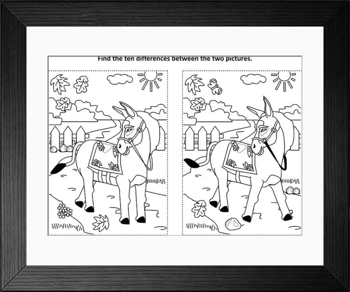 Framed Print : Find the ten differences picture puzzle and coloring page with donkey or burro walking at rural scene Framed Print : Find the ten differences picture puzzle and coloring page with donkey or burro walking at rural scene