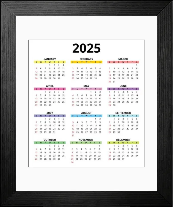Framed Print : 2025 month printable color calendar. Modern vector template illustration. Plan your year with style Framed Print : 2025 month printable color calendar. Modern vector template illustration. Plan your year with style