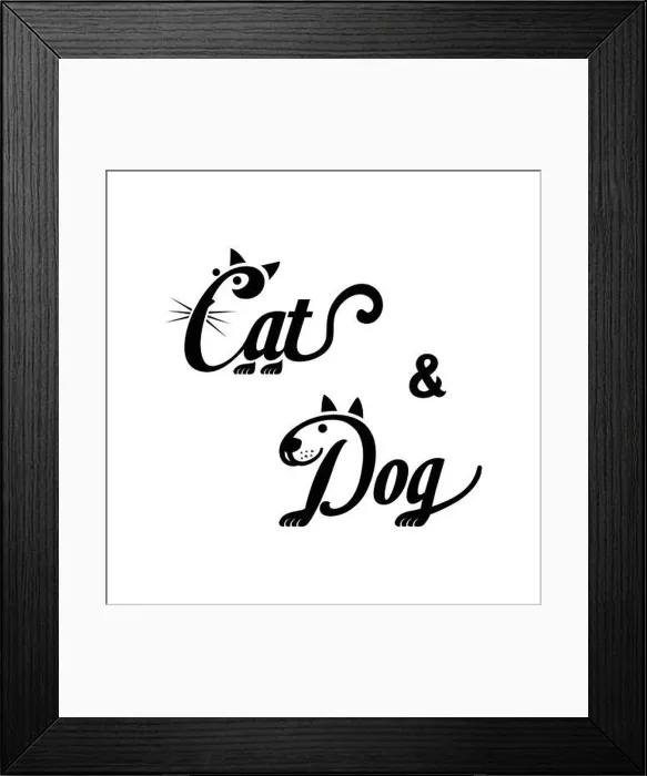 Framed Print : Cat & dog logo. Black and white lettering design. Decorative inscription. Cat and dog vector and illustration Framed Print : Cat & dog logo. Black and white lettering design. Decorative inscription. Cat and dog vector and illustration