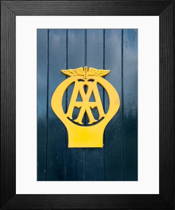 Framed Print : Yellow logo symbol of AA Automobile Association close-up (on box 442 -historic iconic roadside phone kiosk) - Aysgarth