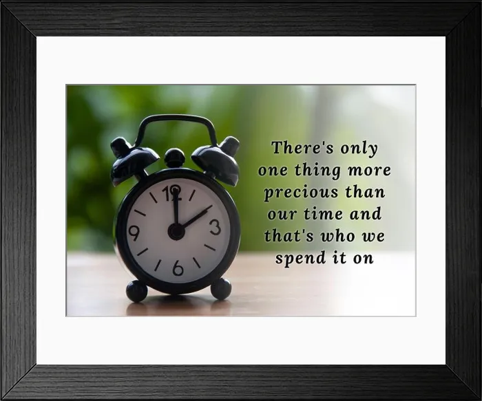 Framed Print : Inspirational quote text with black alarm clock background. The clock set at 2 o'clock, Motivational concept