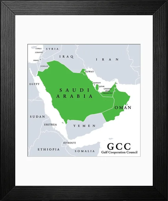Framed Print : Gulf Cooperation Council, GCC members map Framed Print : Gulf Cooperation Council, GCC members map