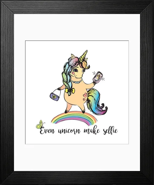 Framed Print : Fashion unicorn girl with bag and cell phone standing on rainbow Framed Print : Fashion unicorn girl with bag and cell phone standing on rainbow