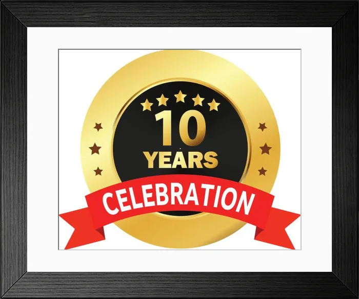 Framed Print : 10 Years Celebration seal, 10 Years Golden Logo Framed Print : 10 Years Celebration seal, 10 Years Golden Logo