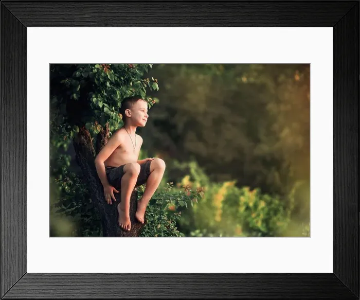 Framed Print : A boy without a shirt sits on a partially felled tree in the village Framed Print : A boy without a shirt sits on a partially felled tree in the village