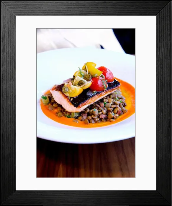 Framed Print : Pan-fried fillet of salmon on a bed of lentils with dried tomato jus and cherry tomato salsa Framed Print : Pan-fried fillet of salmon on a bed of lentils with dried tomato jus and cherry tomato salsa